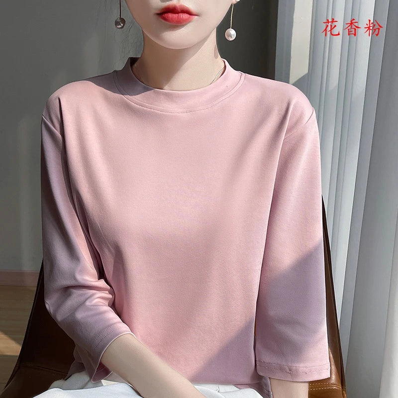 Cropped Sleeve Cotton Top – Semi-High Neck Everyday Basic