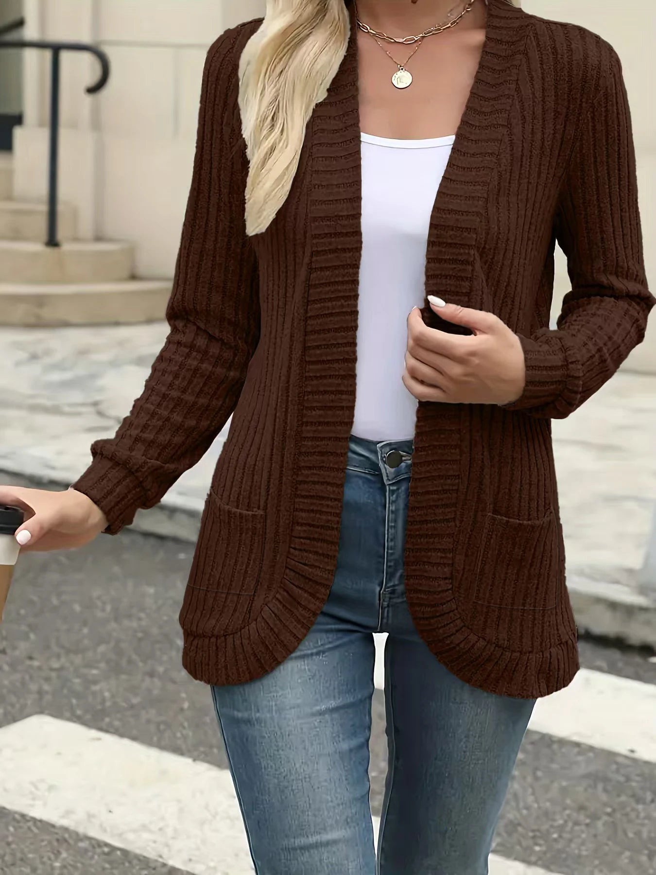 Open Front Ribbed Knit Cardigan – Casual Outerwear