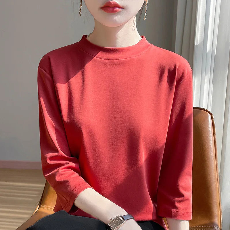 Cropped Sleeve Cotton Top – Semi-High Neck Everyday Basic