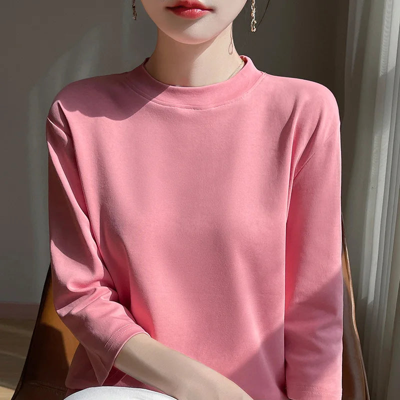 Cropped Sleeve Cotton Top – Semi-High Neck Everyday Basic