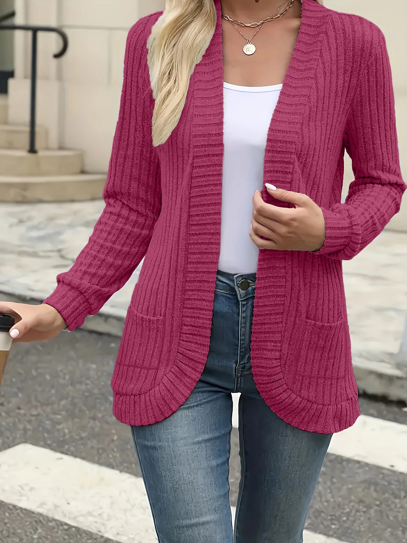 Open Front Ribbed Knit Cardigan – Casual Outerwear