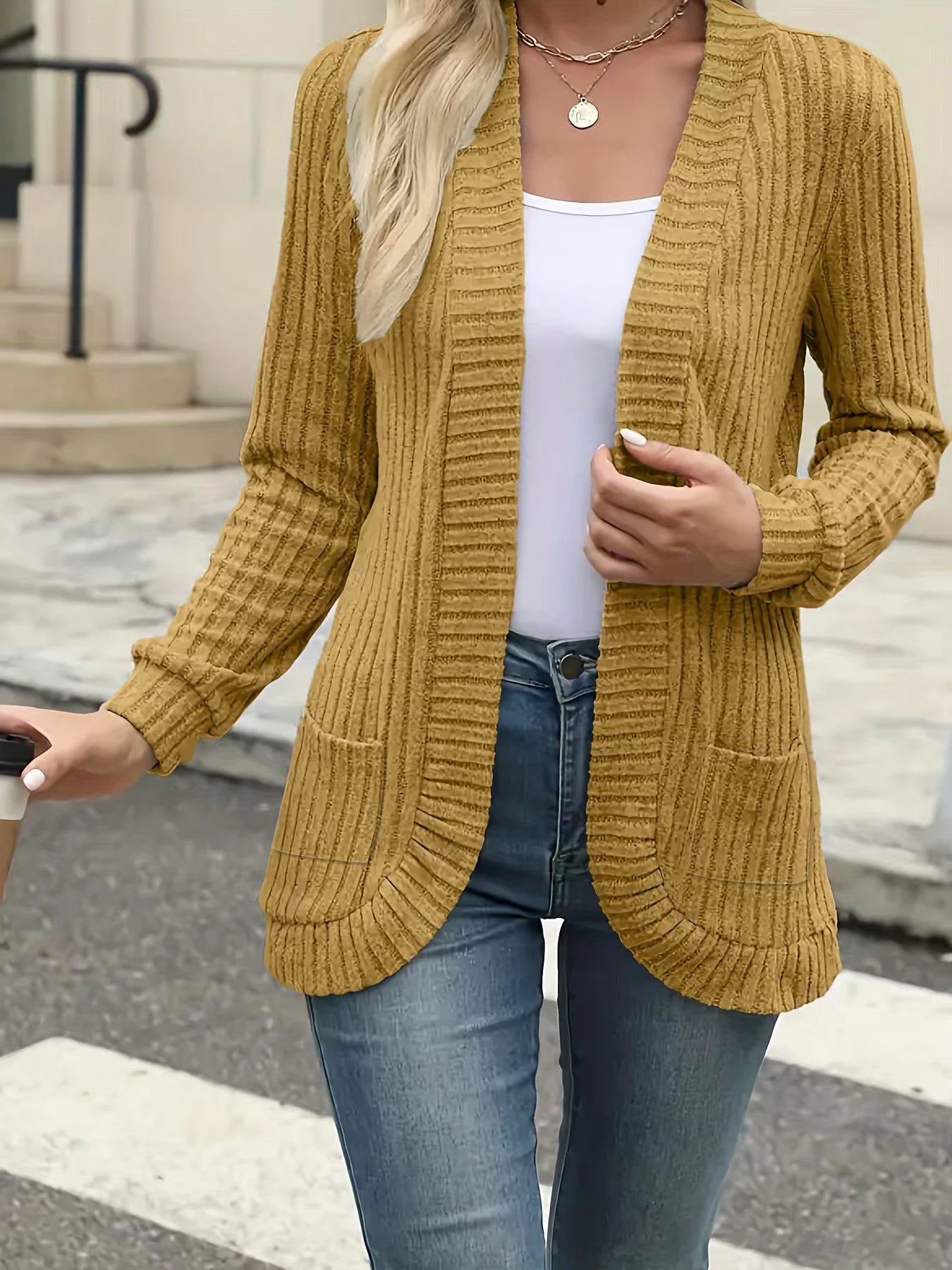 Open Front Ribbed Knit Cardigan – Casual Outerwear