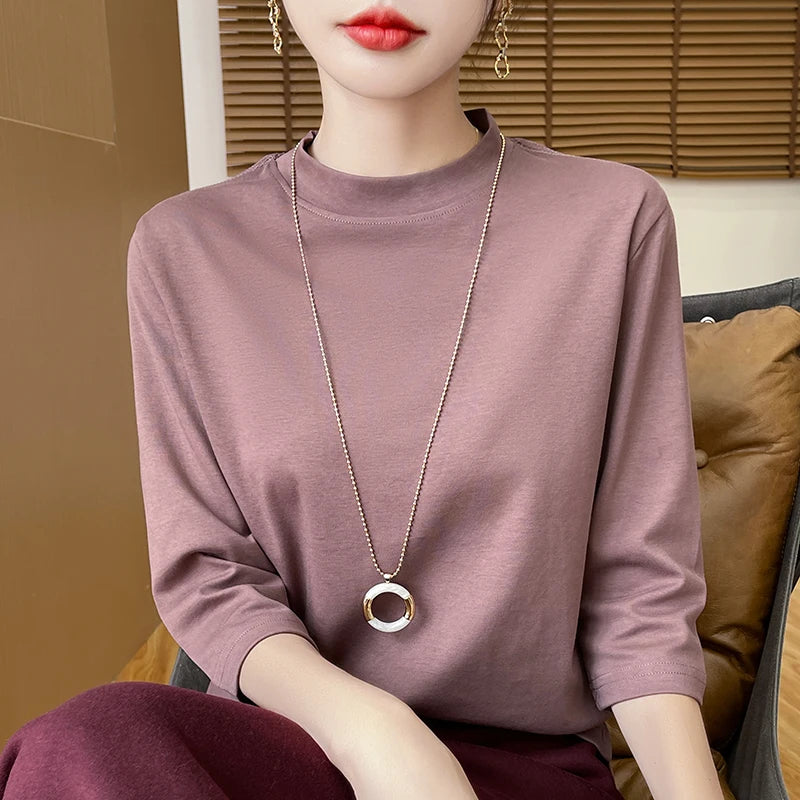 Cropped Sleeve Cotton Top – Semi-High Neck Everyday Basic