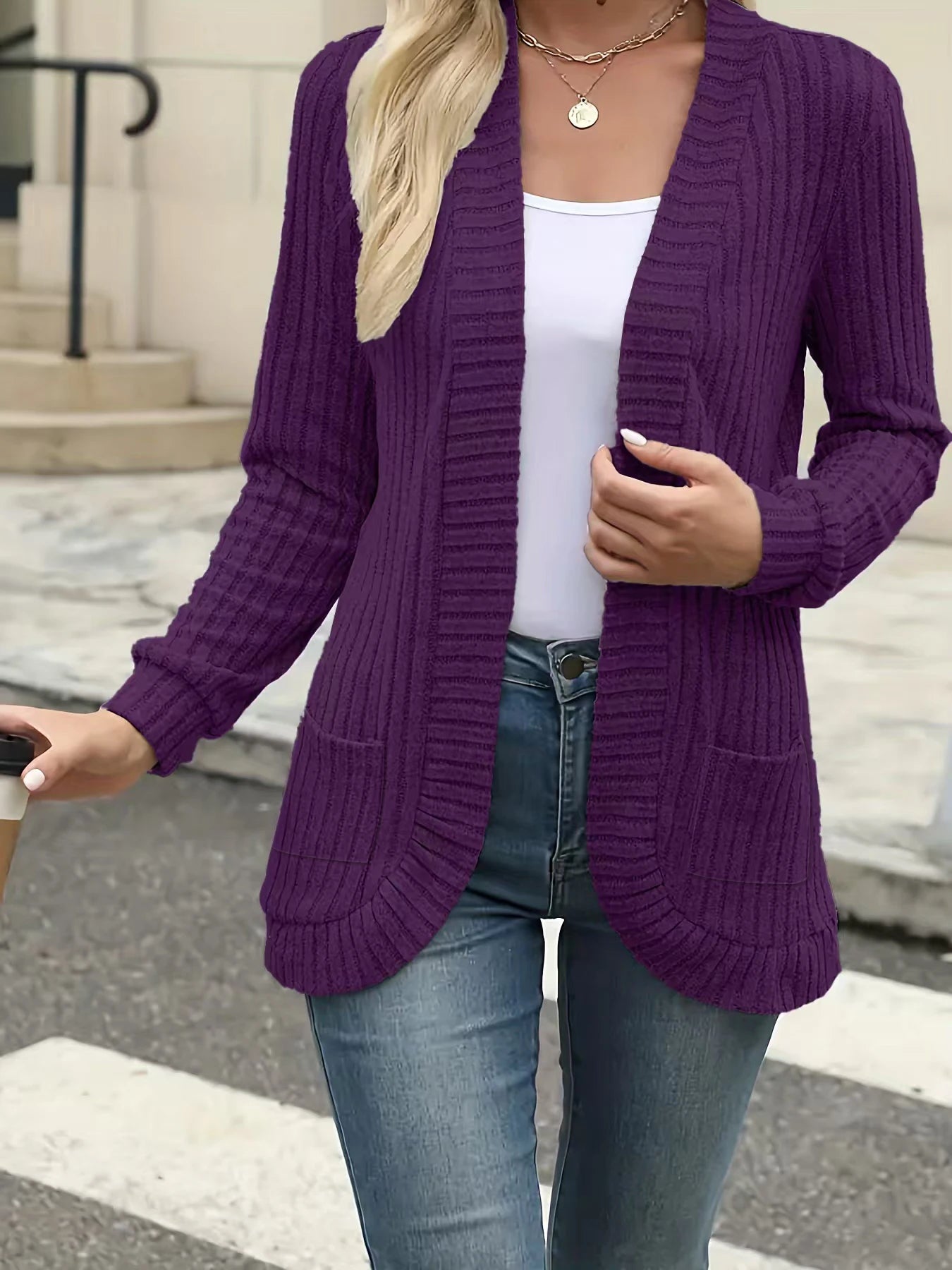 Open Front Ribbed Knit Cardigan – Casual Outerwear