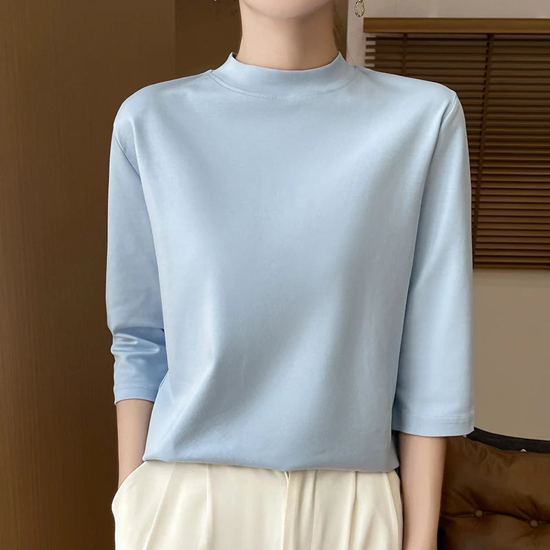 Cropped Sleeve Cotton Top – Semi-High Neck Everyday Basic