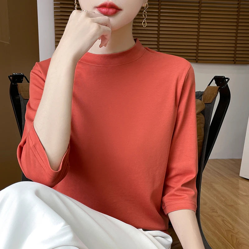 Cropped Sleeve Cotton Top – Semi-High Neck Everyday Basic