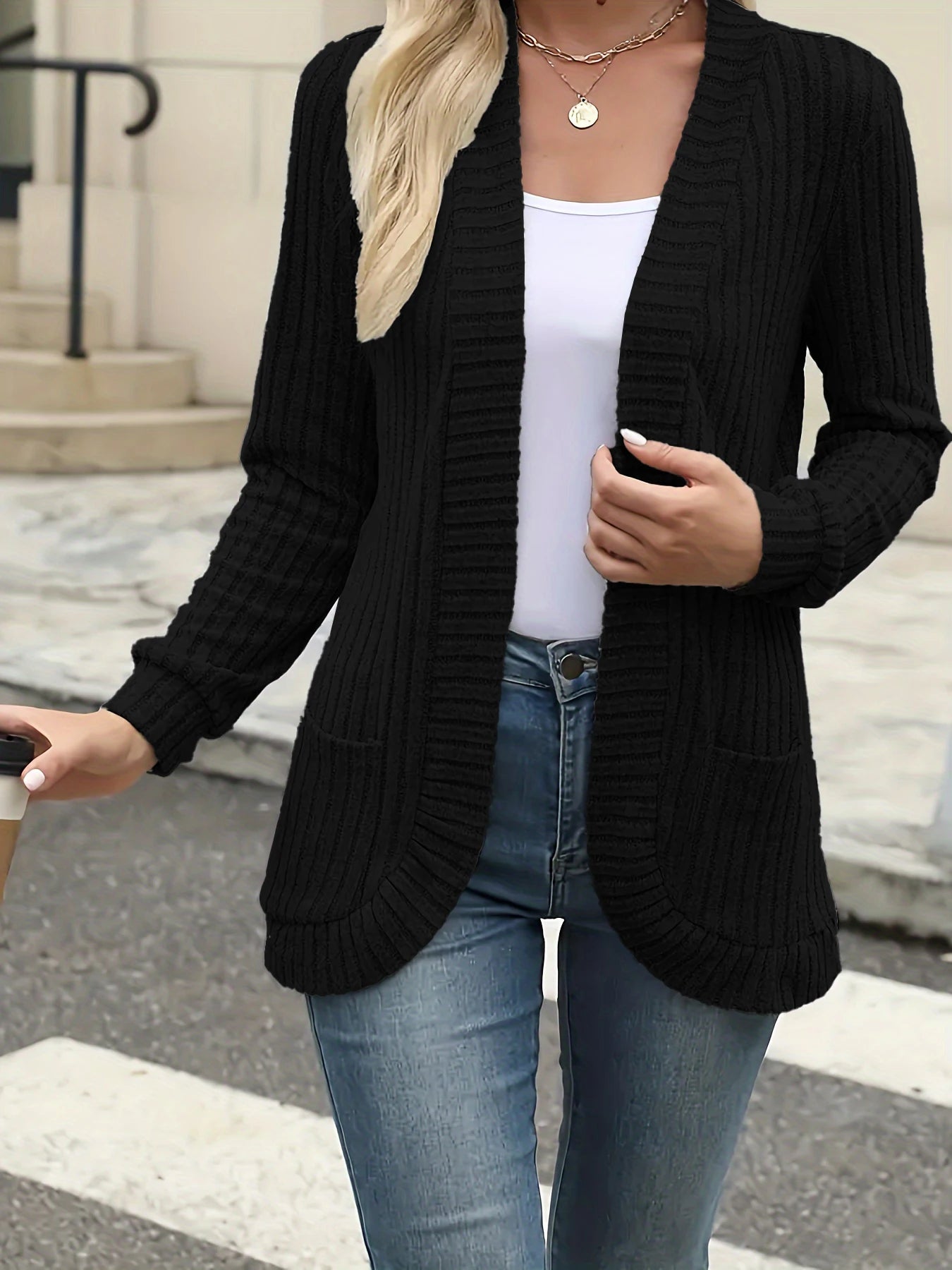 Open Front Ribbed Knit Cardigan – Casual Outerwear