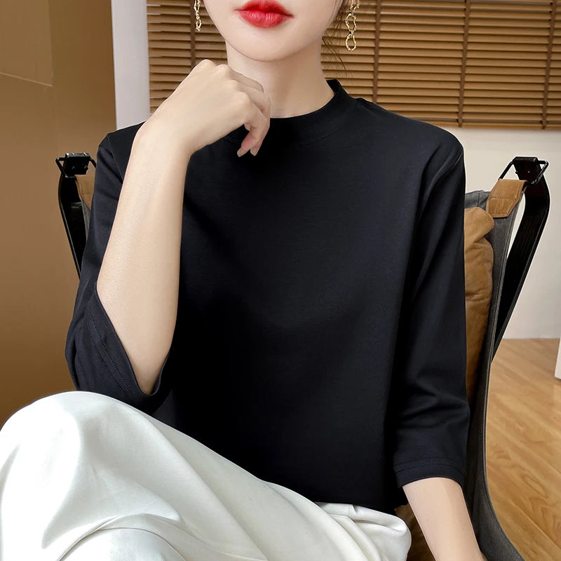 Cropped Sleeve Cotton Top – Semi-High Neck Everyday Basic