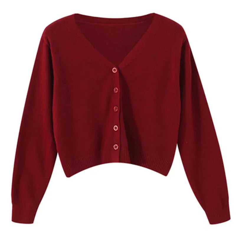 Cropped Knit Cardigan – V-Neck Button Front