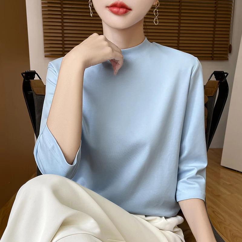 Cropped Sleeve Cotton Top – Semi-High Neck Everyday Basic