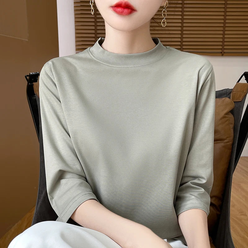 Cropped Sleeve Cotton Top – Semi-High Neck Everyday Basic