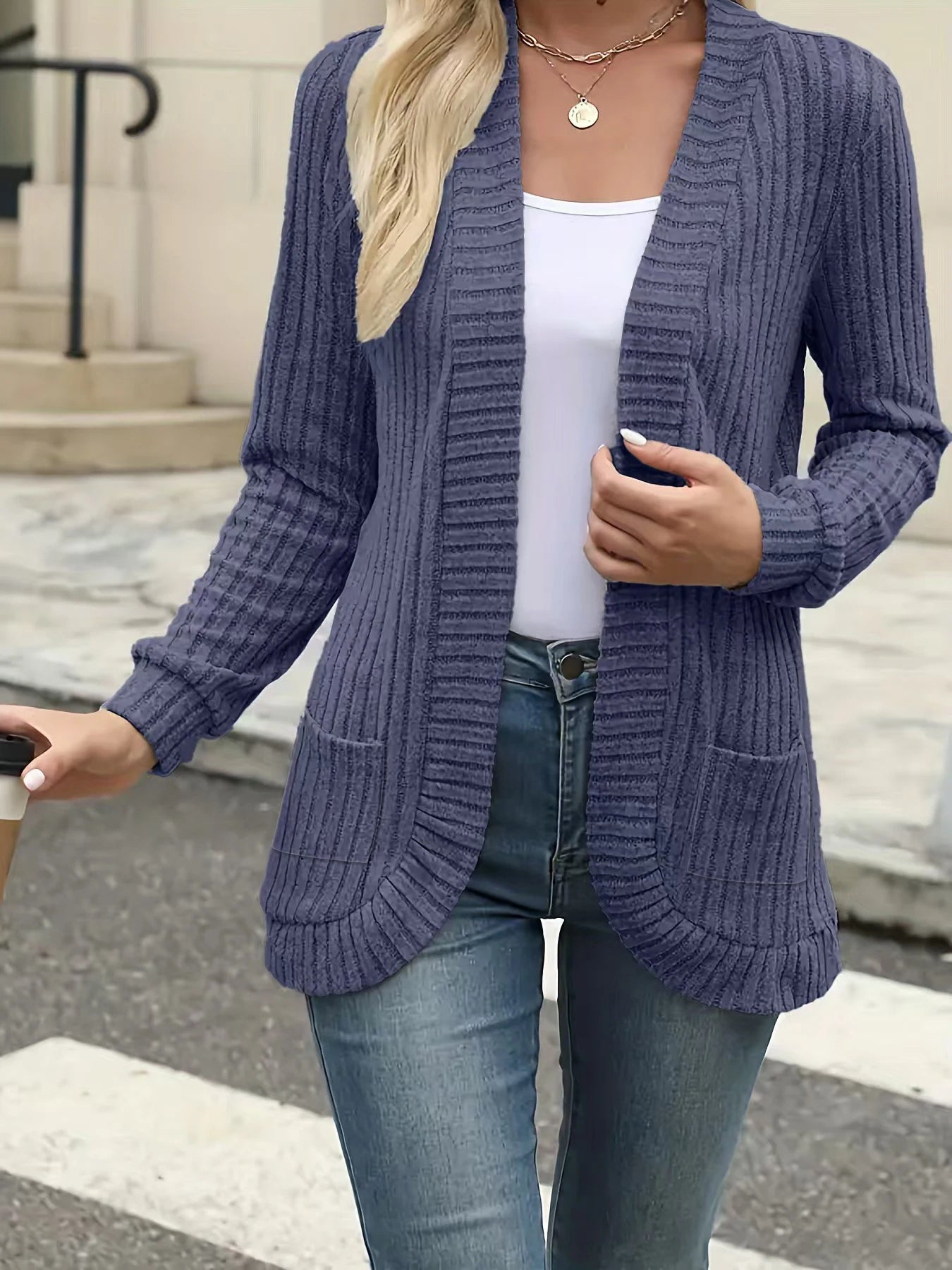 Open Front Ribbed Knit Cardigan – Casual Outerwear