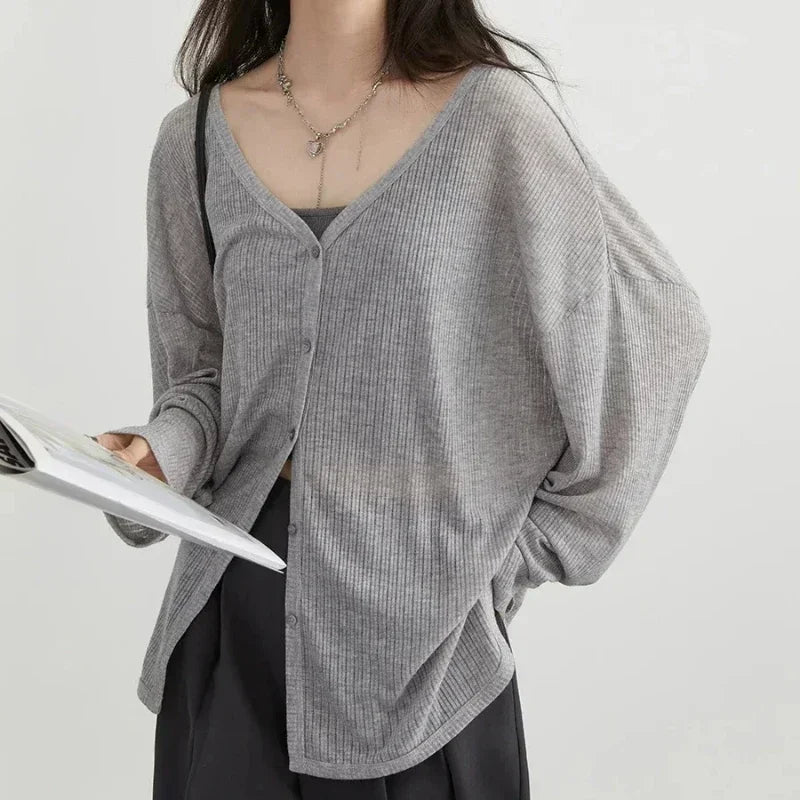 Oversized Knit Cardigan – V-Neck Long Sleeve