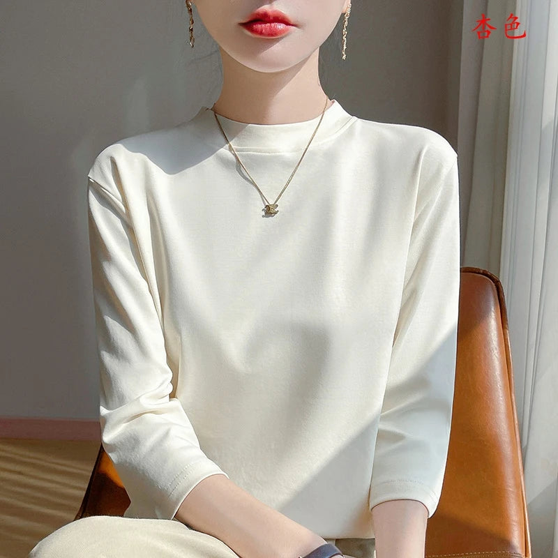 Cropped Sleeve Cotton Top – Semi-High Neck Everyday Basic