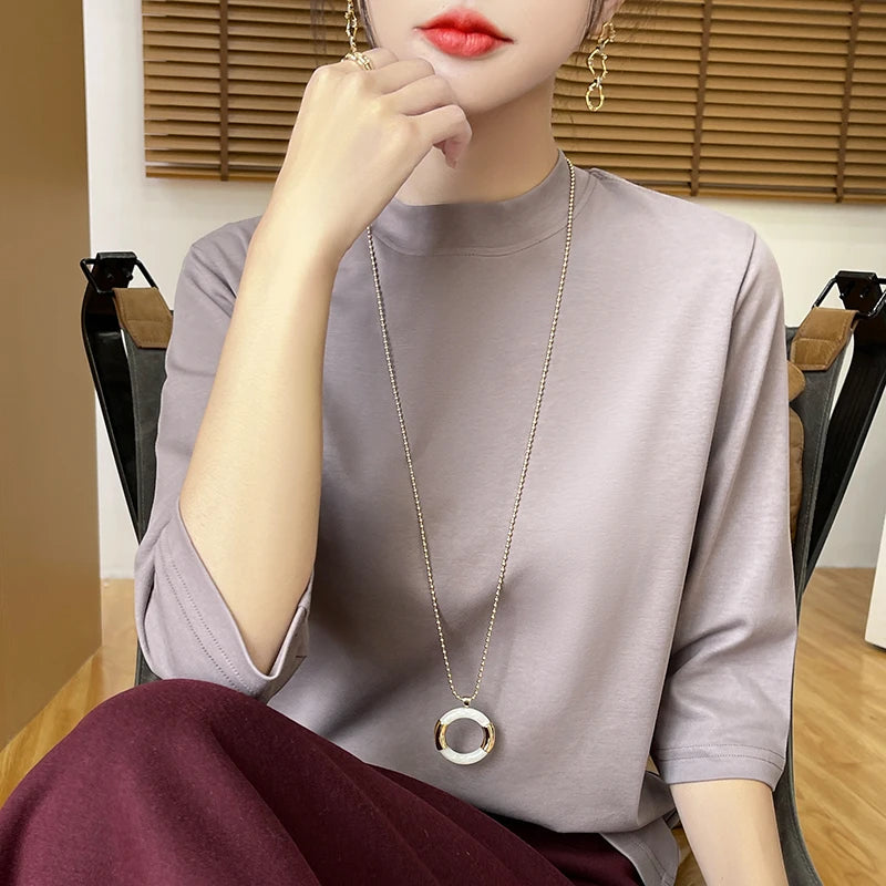 Cropped Sleeve Cotton Top – Semi-High Neck Everyday Basic