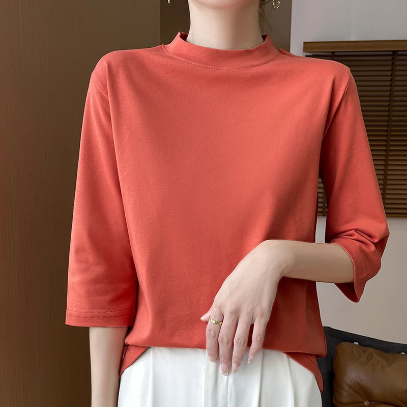 Cropped Sleeve Cotton Top – Semi-High Neck Everyday Basic
