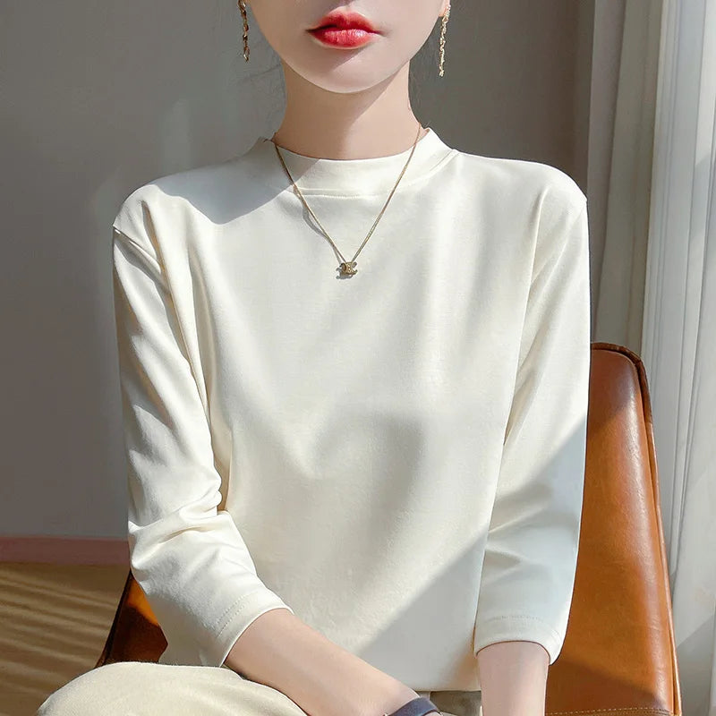 Cropped Sleeve Cotton Top – Semi-High Neck Everyday Basic