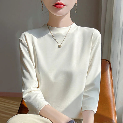 Cropped Sleeve Cotton Top – Semi-High Neck Everyday Basic