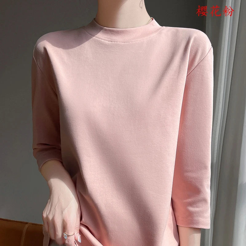 Cropped Sleeve Cotton Top – Semi-High Neck Everyday Basic