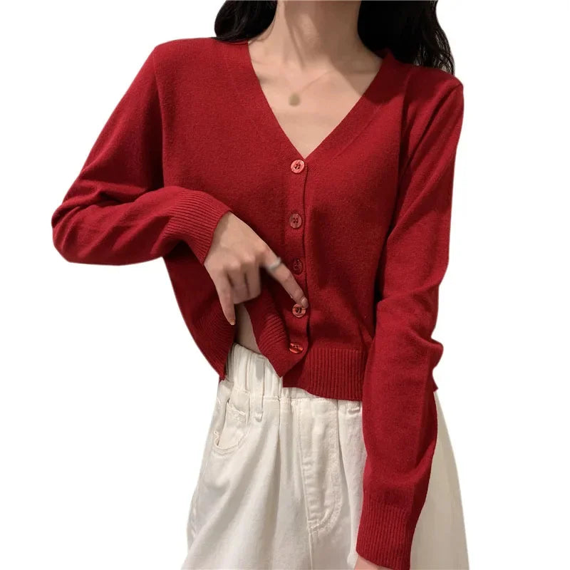 Cropped Knit Cardigan – V-Neck Button Front