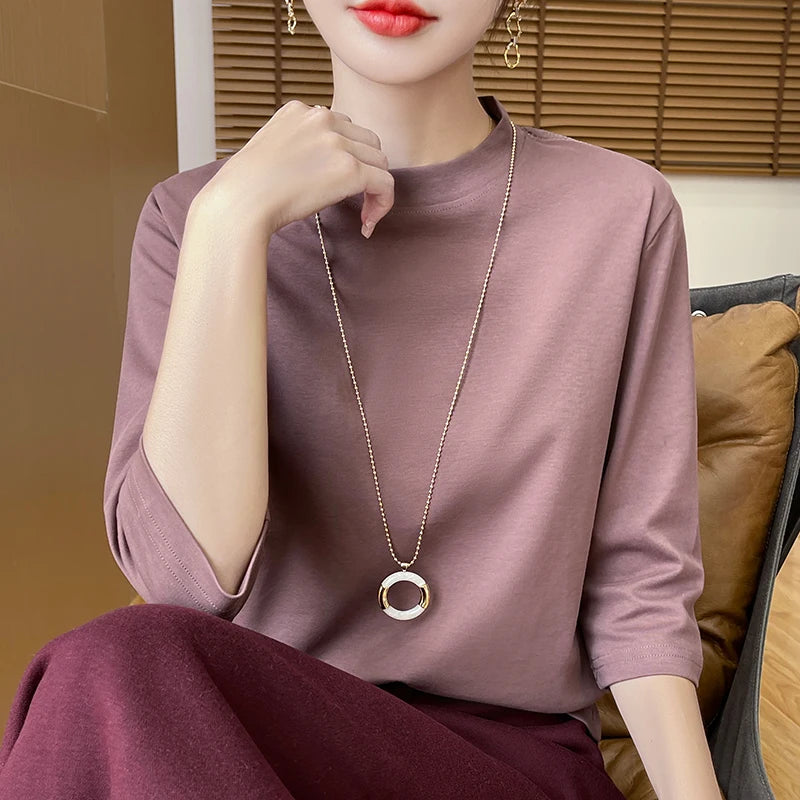 Cropped Sleeve Cotton Top – Semi-High Neck Everyday Basic