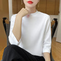 Cropped Sleeve Cotton Top – Semi-High Neck Everyday Basic