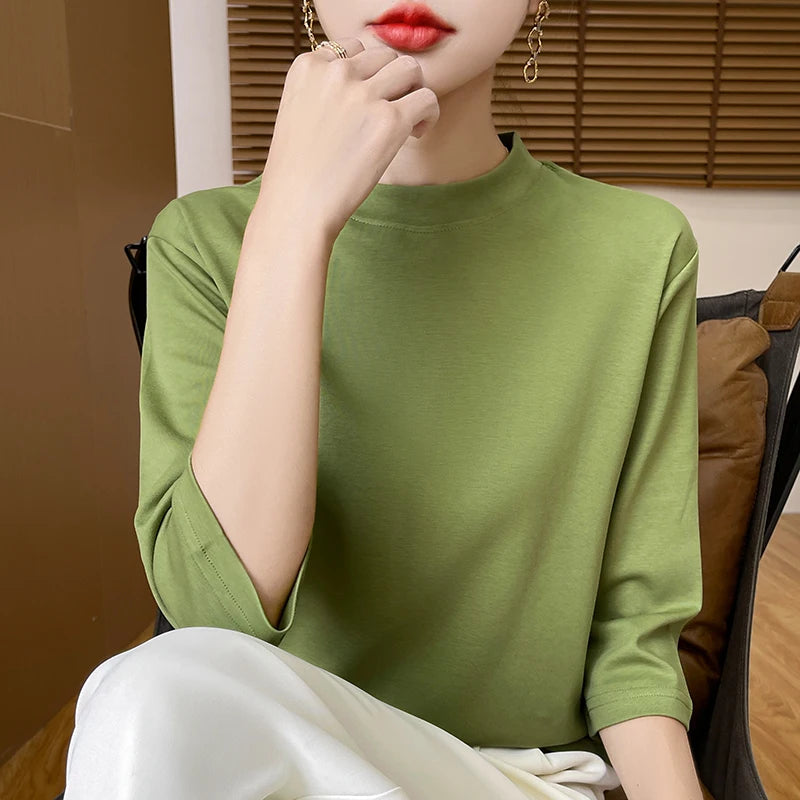 Cropped Sleeve Cotton Top – Semi-High Neck Everyday Basic