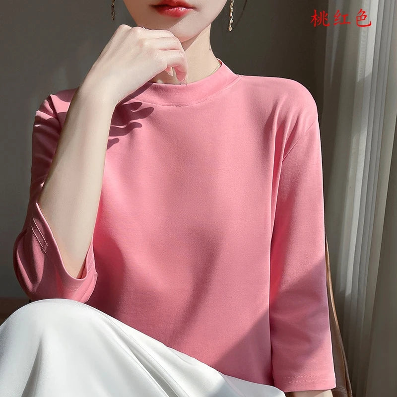 Cropped Sleeve Cotton Top – Semi-High Neck Everyday Basic