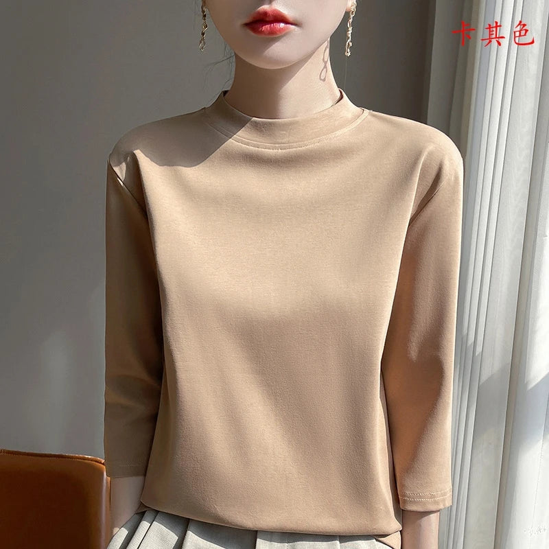 Cropped Sleeve Cotton Top – Semi-High Neck Everyday Basic