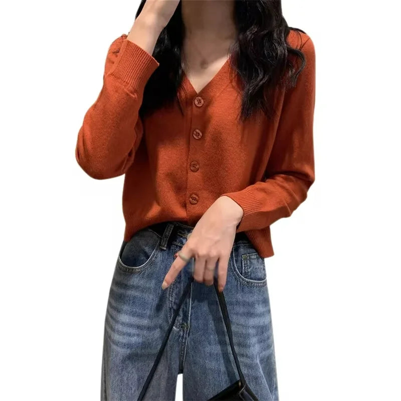 Cropped Knit Cardigan – V-Neck Button Front