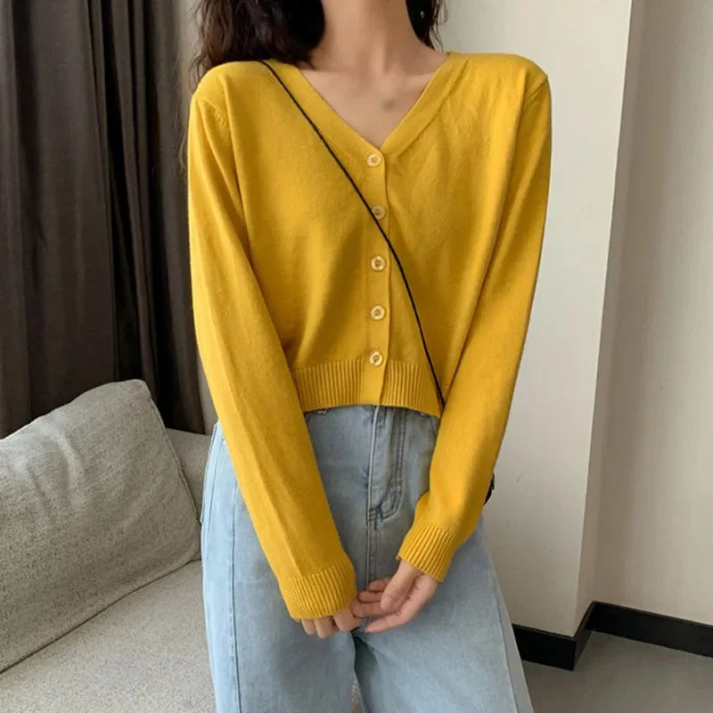 Cropped Knit Cardigan – V-Neck Button Front