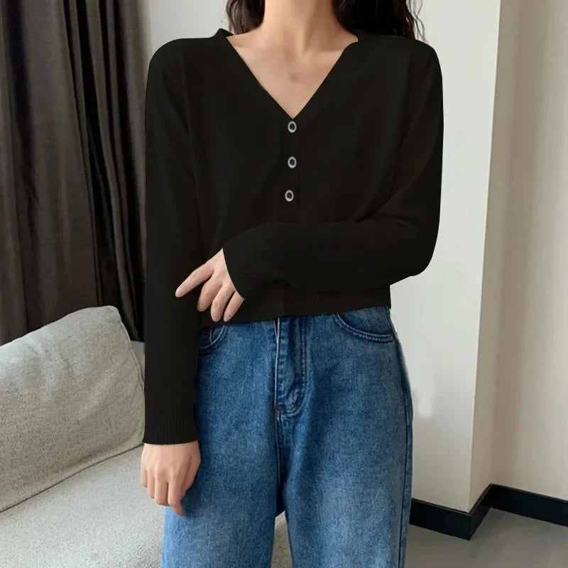 Cropped Knit Cardigan – V-Neck Button Front