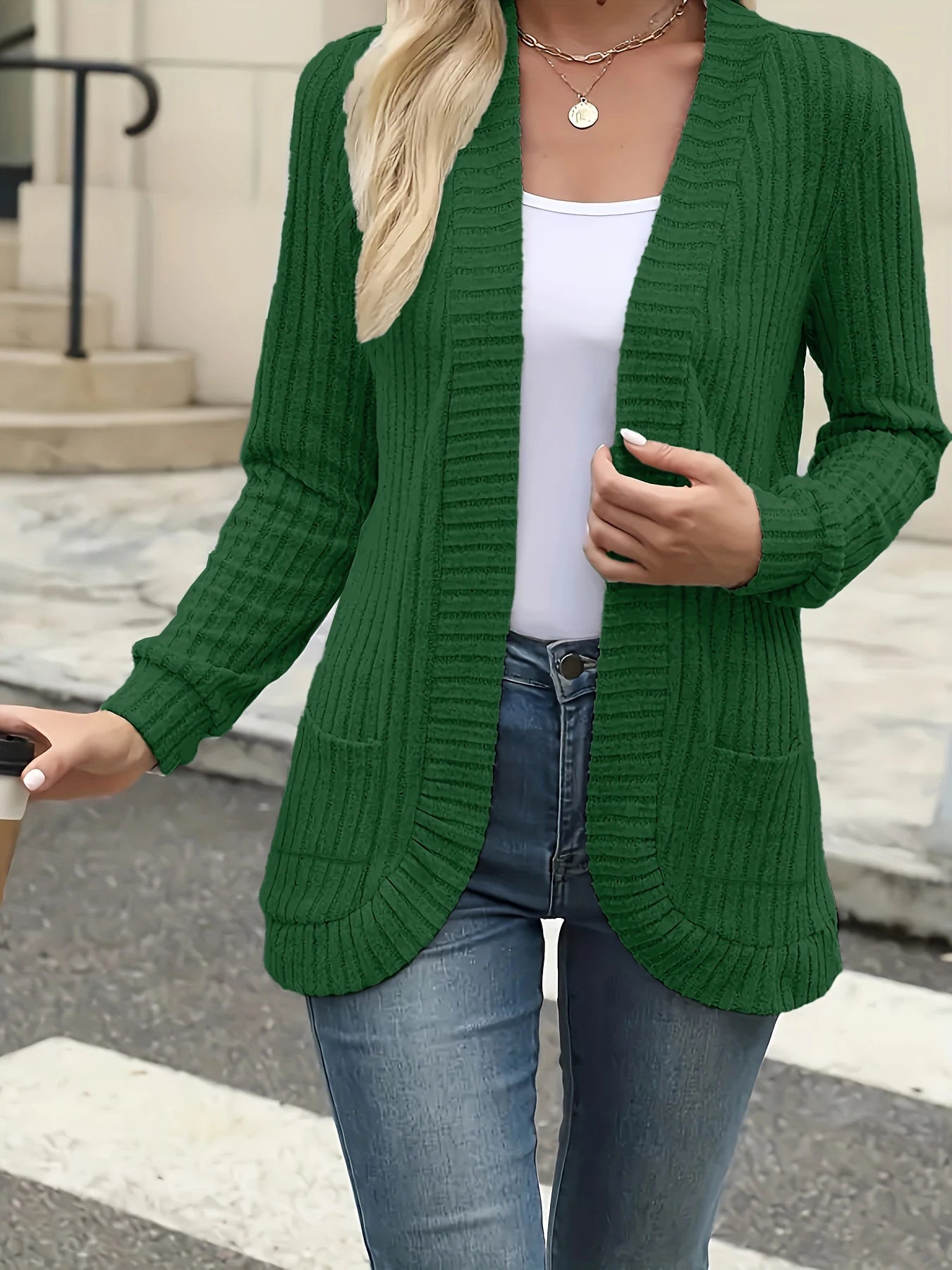 Open Front Ribbed Knit Cardigan – Casual Outerwear