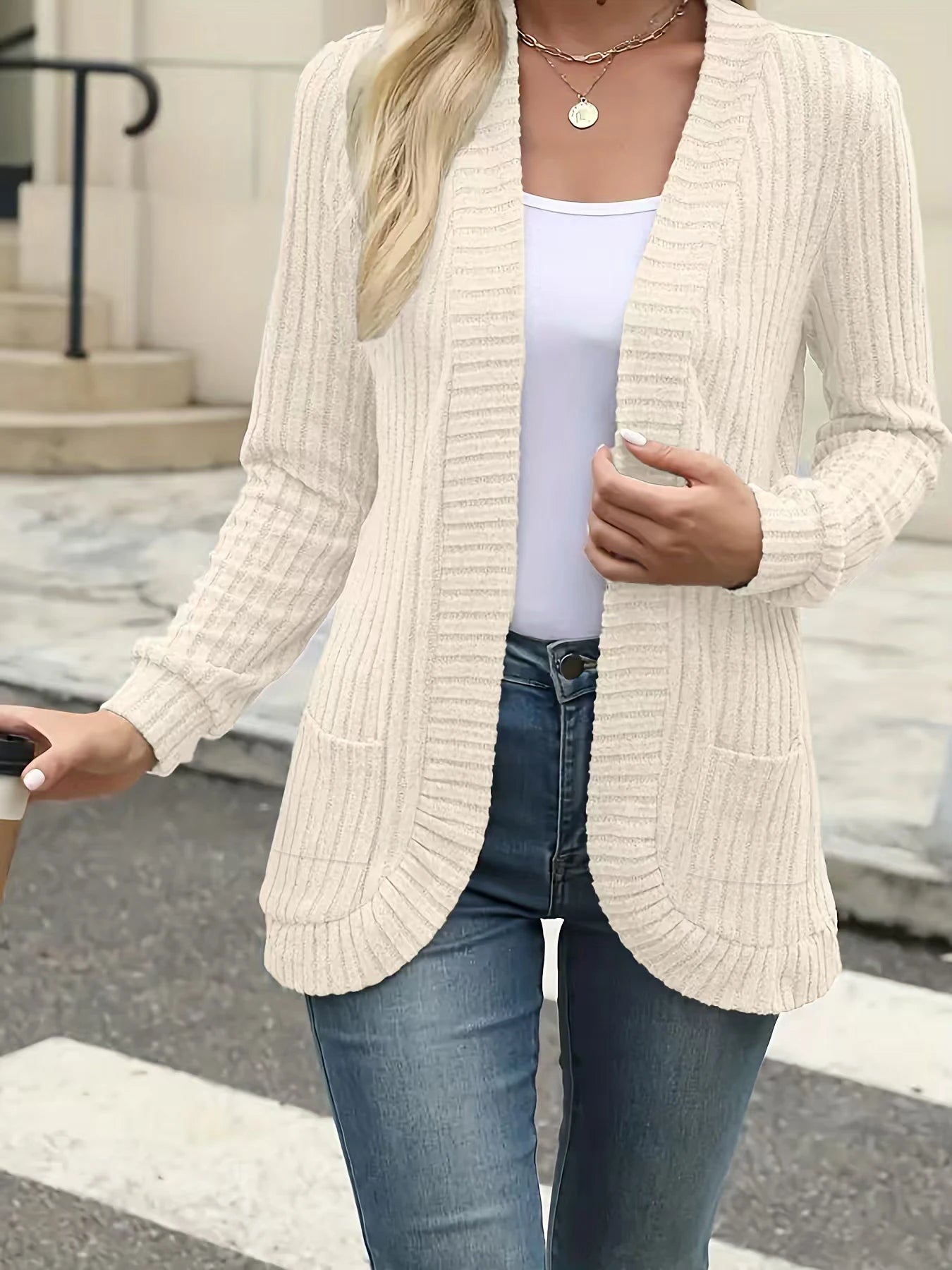 Open Front Ribbed Knit Cardigan – Casual Outerwear