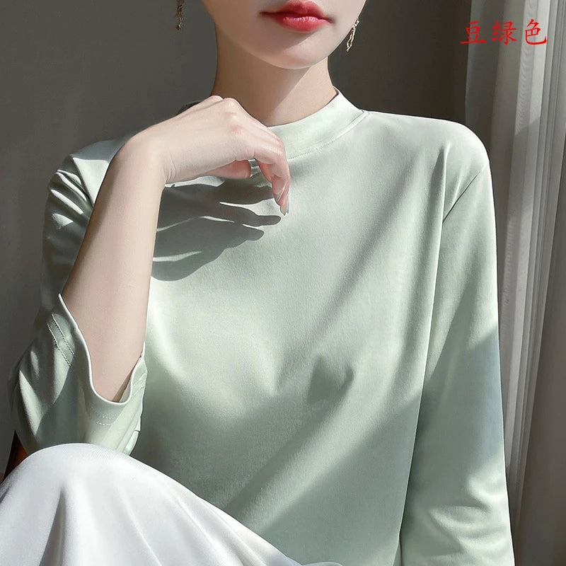 Cropped Sleeve Cotton Top – Semi-High Neck Everyday Basic