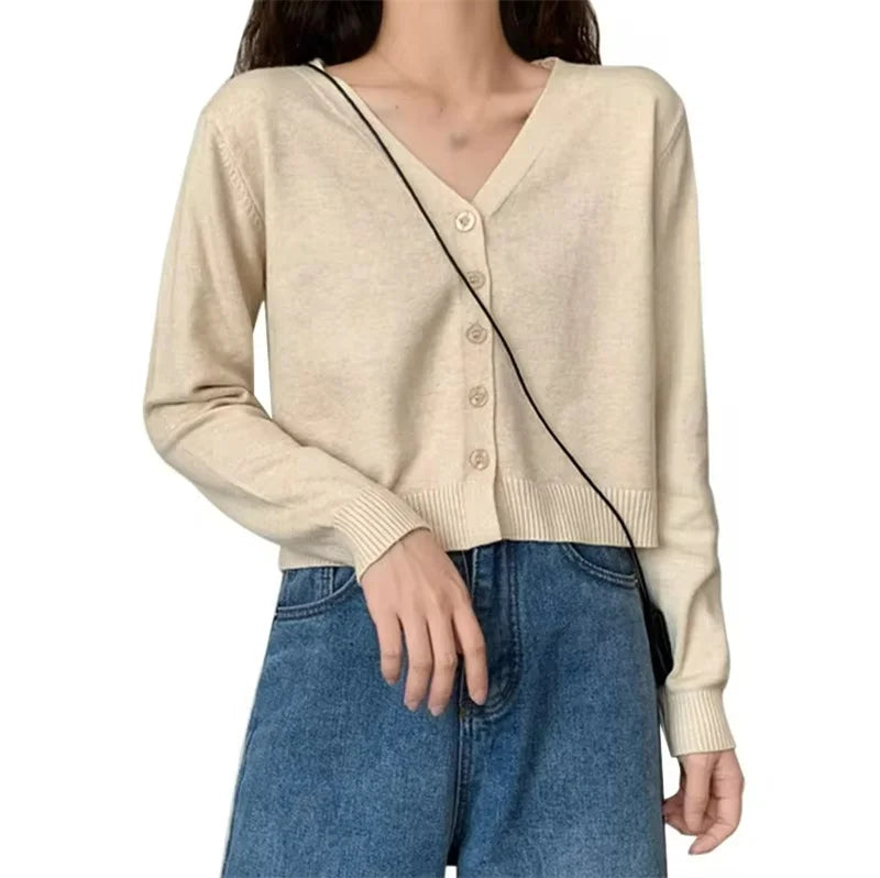 Cropped Knit Cardigan – V-Neck Button Front