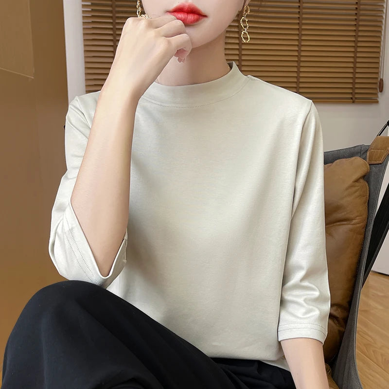 Cropped Sleeve Cotton Top – Semi-High Neck Everyday Basic