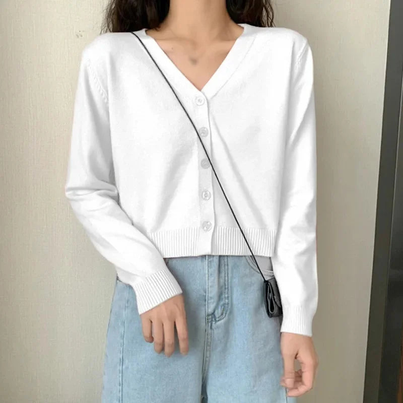Cropped Knit Cardigan – V-Neck Button Front