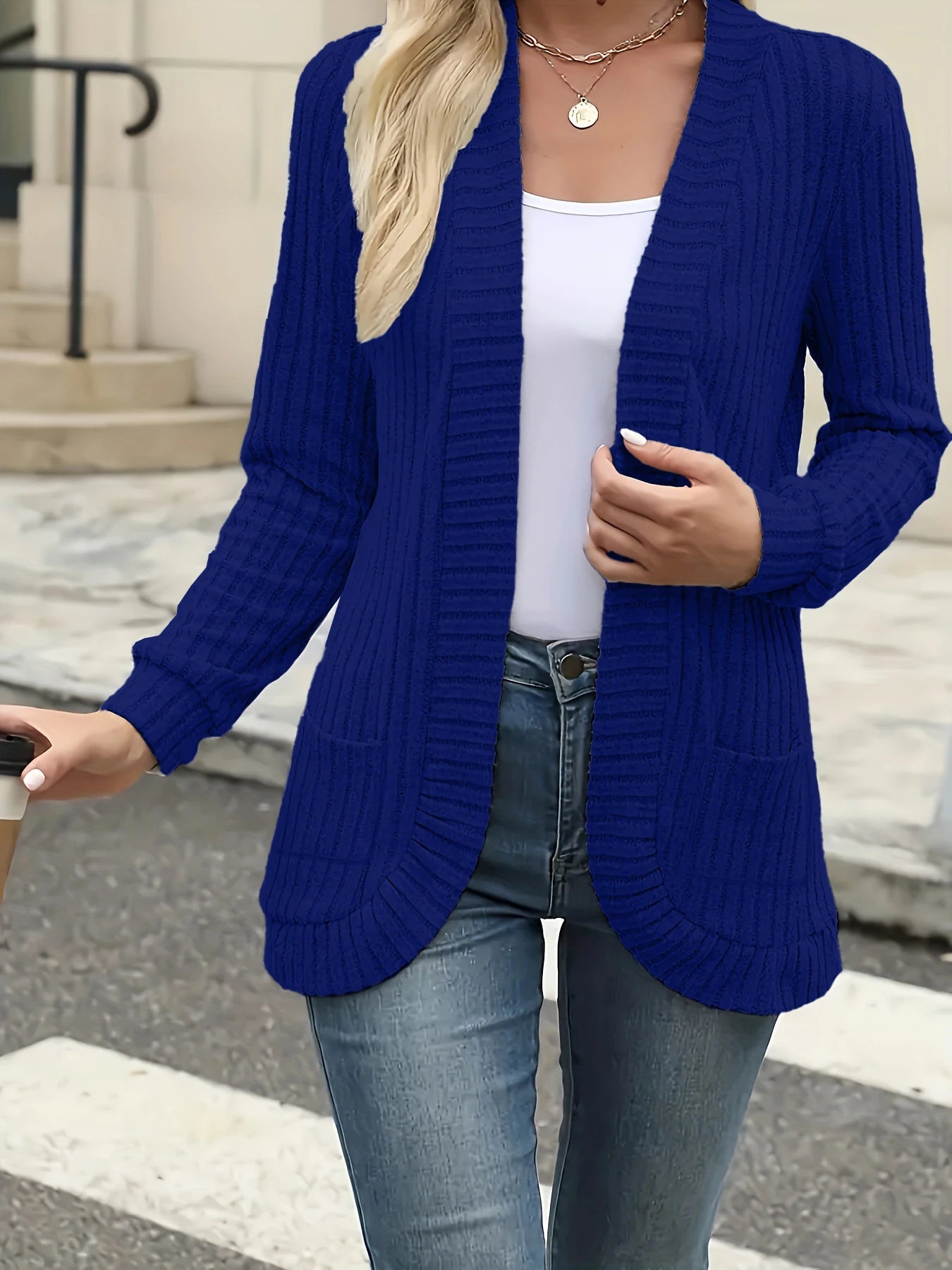 Open Front Ribbed Knit Cardigan – Casual Outerwear