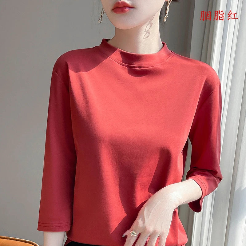 Cropped Sleeve Cotton Top – Semi-High Neck Everyday Basic